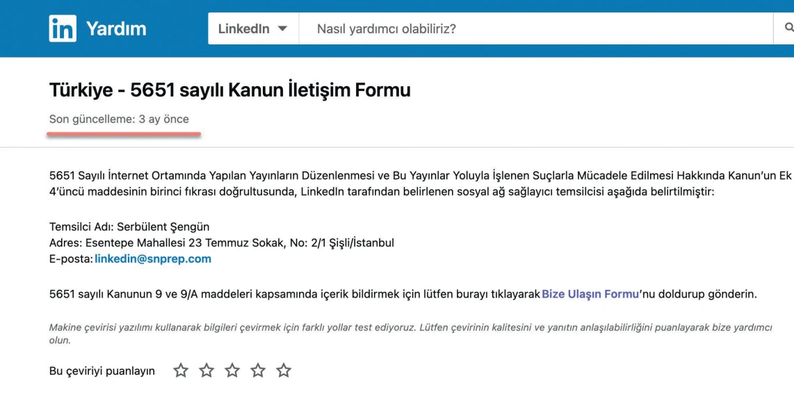 LinkedIn’s 2025 Turkish help page naming Serbülent Şengün as its representative under Law No. 5651 and listing a Şişli address.