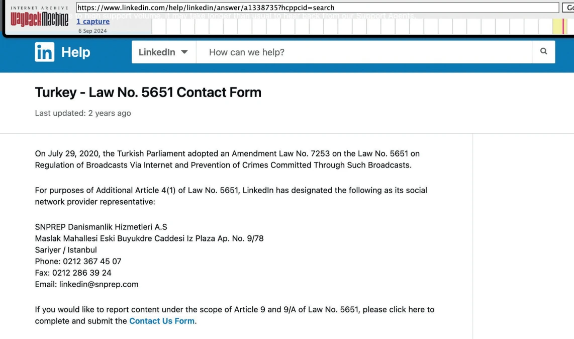 Archived LinkedIn help page from 2022–2024 naming SNPREP Danışmanlık Hizmetleri A.Ş. as its representative under Law No. 5651.