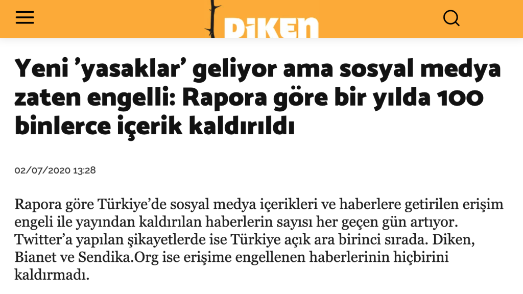Diken reports social media and internet censorship data from EngelliWeb 2019