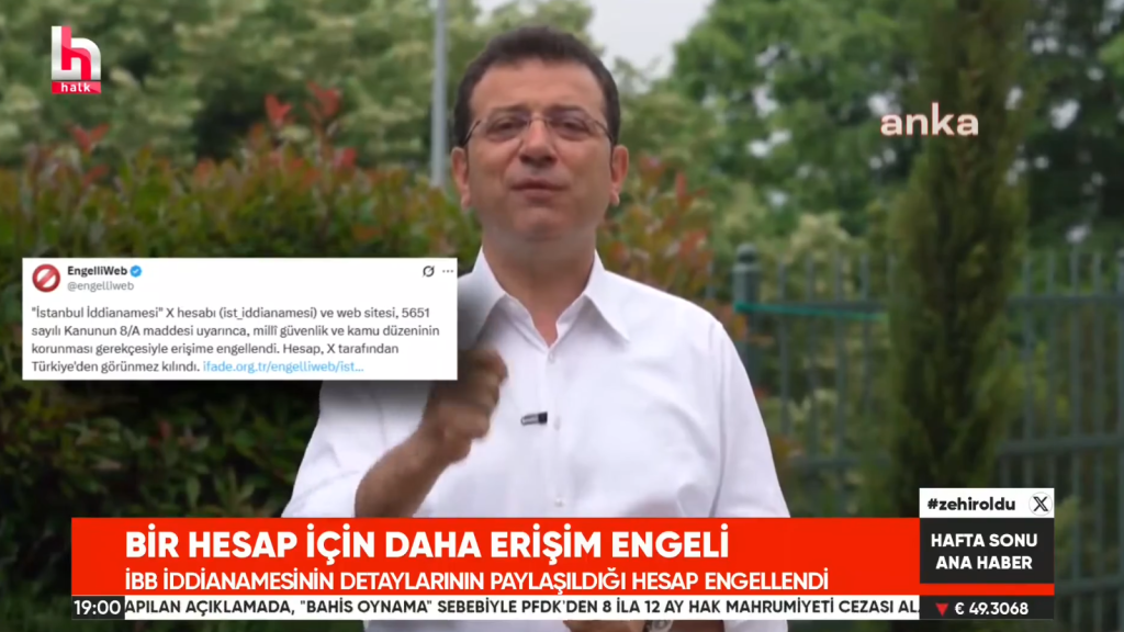 Halk TV News coverage using an EngelliWeb visual on the access block targeting the İstanbul İddianamesi website and X account