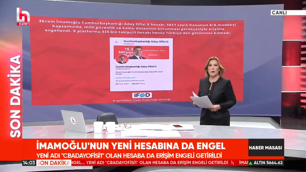 Halk TV coverage using an EngelliWeb visual on the access block targeting the Presidential Candidate Office X account