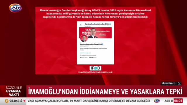Sözcü TV coverage of access blocks targeting Candidate Office accounts and Ekrem İmamoğlu’s response