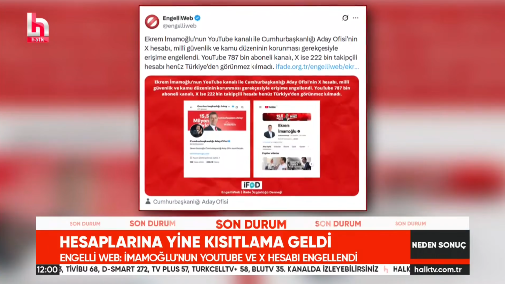 Halk TV coverage of access blocks targeting Ekrem İmamoğlu’s YouTube channel and Presidential Candidate Office X account