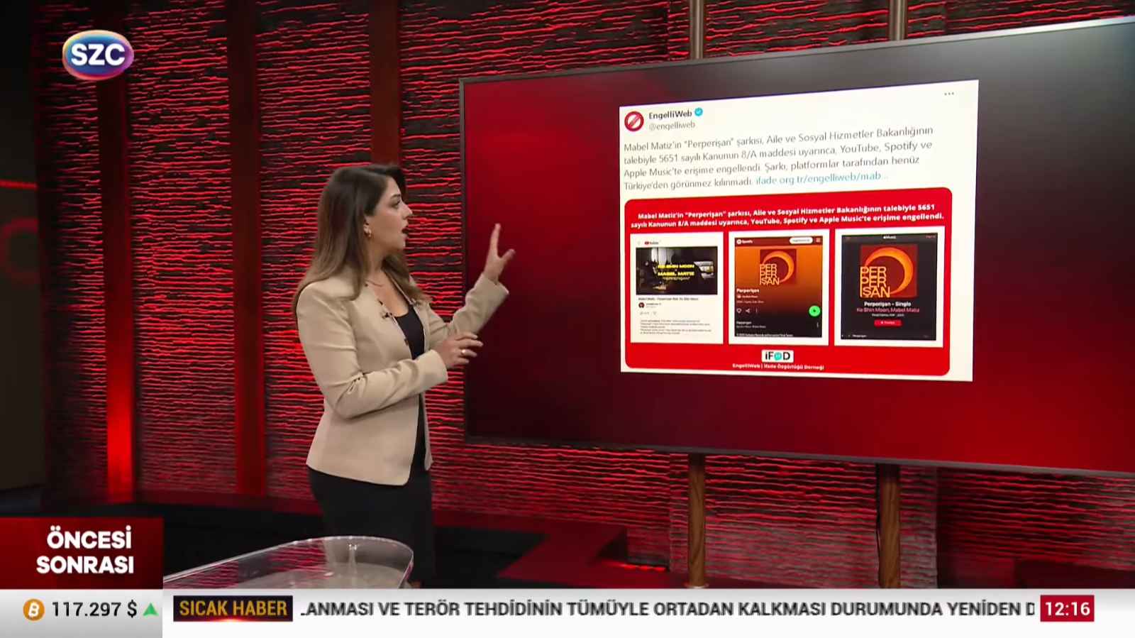 Sözcü TV yayınında Mabel Matiz’in Perperişan şarkısına yönelik erişim engelini aktaran EngelliWeb duyurusu