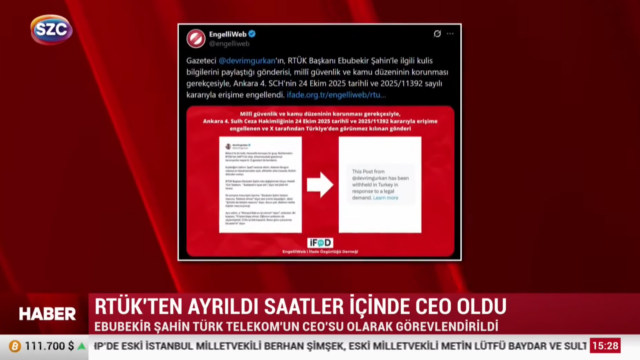 Sözcü TV yayınında Devrim Gürkan’ın RTÜK ve Türk Telekom’a ilişkin paylaşımına getirilen erişim engelini aktaran EngelliWeb görseli