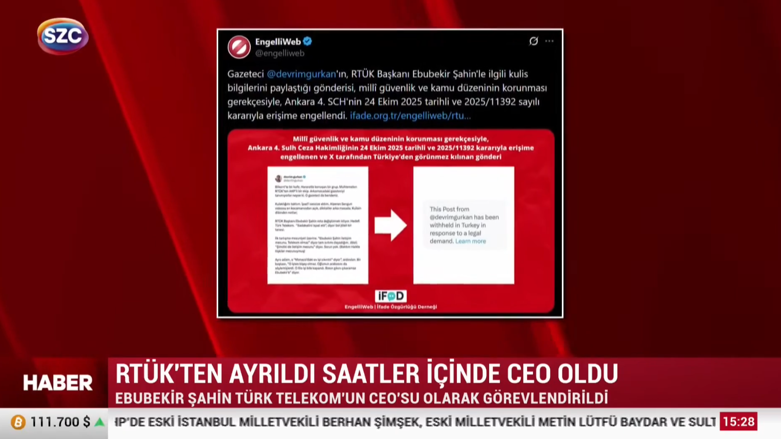 Sözcü TV yayınında Devrim Gürkan’ın RTÜK ve Türk Telekom’a ilişkin paylaşımına getirilen erişim engelini aktaran EngelliWeb görseli
