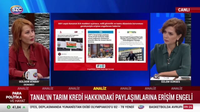 Sözcü TV yayınında Tarım Kredi Kooperatifleri haberlerine yönelik erişim engelini aktaran EngelliWeb görseli