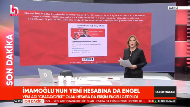 Halk TV yayınında Cumhurbaşkanlığı Aday Ofisi X hesabına yönelik erişim engelini aktaran EngelliWeb görseli