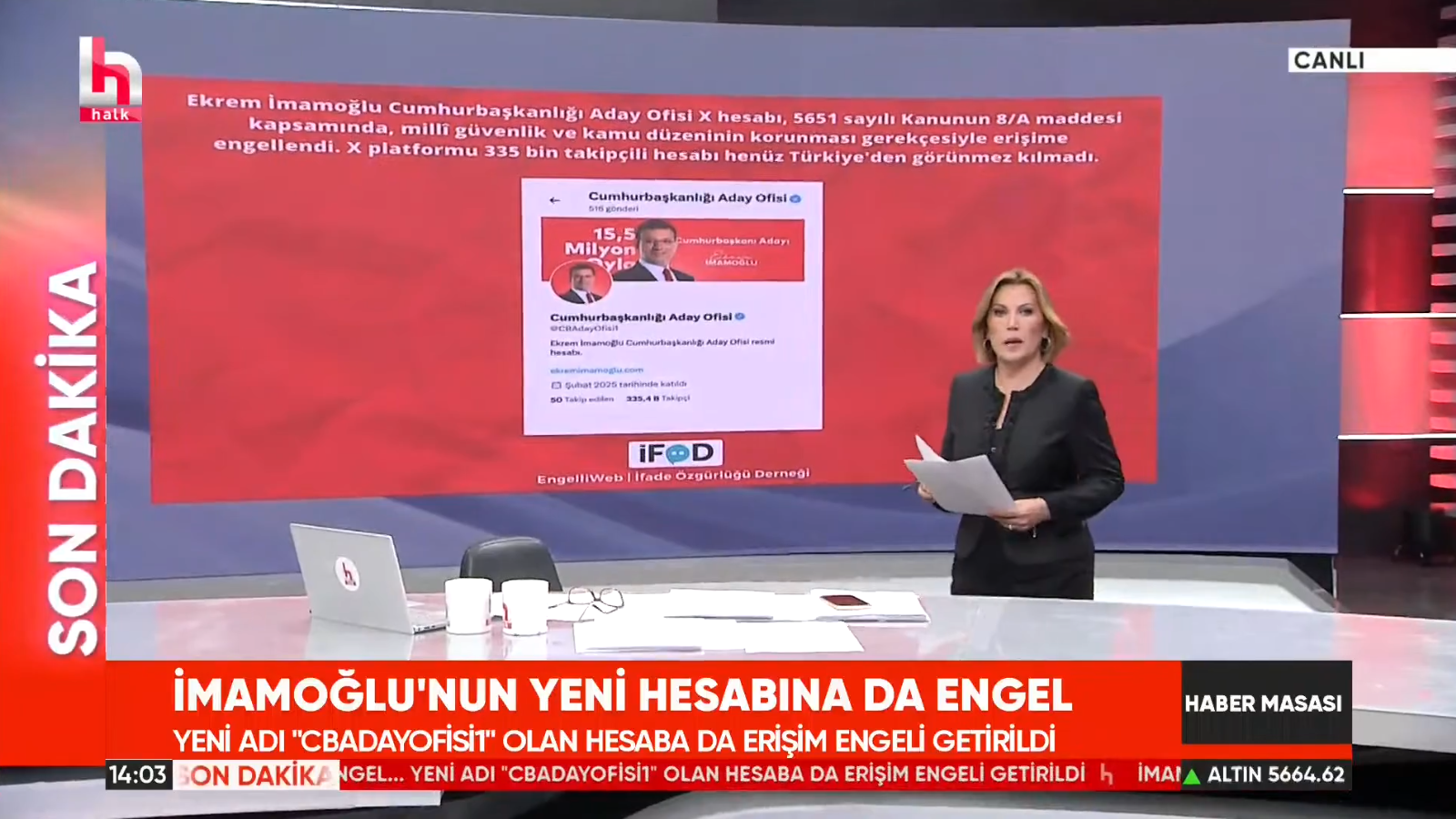 Halk TV yayınında Cumhurbaşkanlığı Aday Ofisi X hesabına yönelik erişim engelini aktaran EngelliWeb görseli