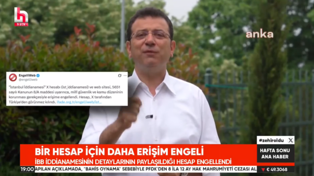 Halk TV Ana Haber yayınında İstanbul İddianamesi web sitesi ve X hesabına erişim engelini aktaran EngelliWeb görseli