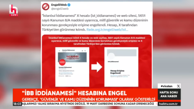 Halk TV yayınında İstanbul İddianamesi web sitesi ve X hesabına yönelik erişim engelini aktaran EngelliWeb görseli