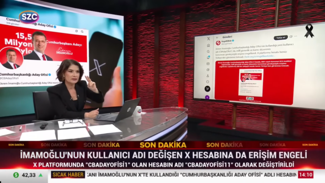 Sözcü TV yayınında Cumhurbaşkanlığı Aday Ofisi X hesabına yönelik yeni erişim engelini aktaran EngelliWeb görseli