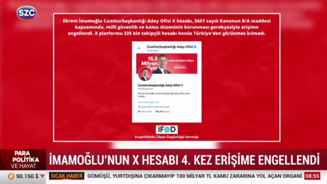 Sözcü TV yayınında İmamoğlu’nun X hesabına yönelik dördüncü erişim engelini aktaran EngelliWeb görseli