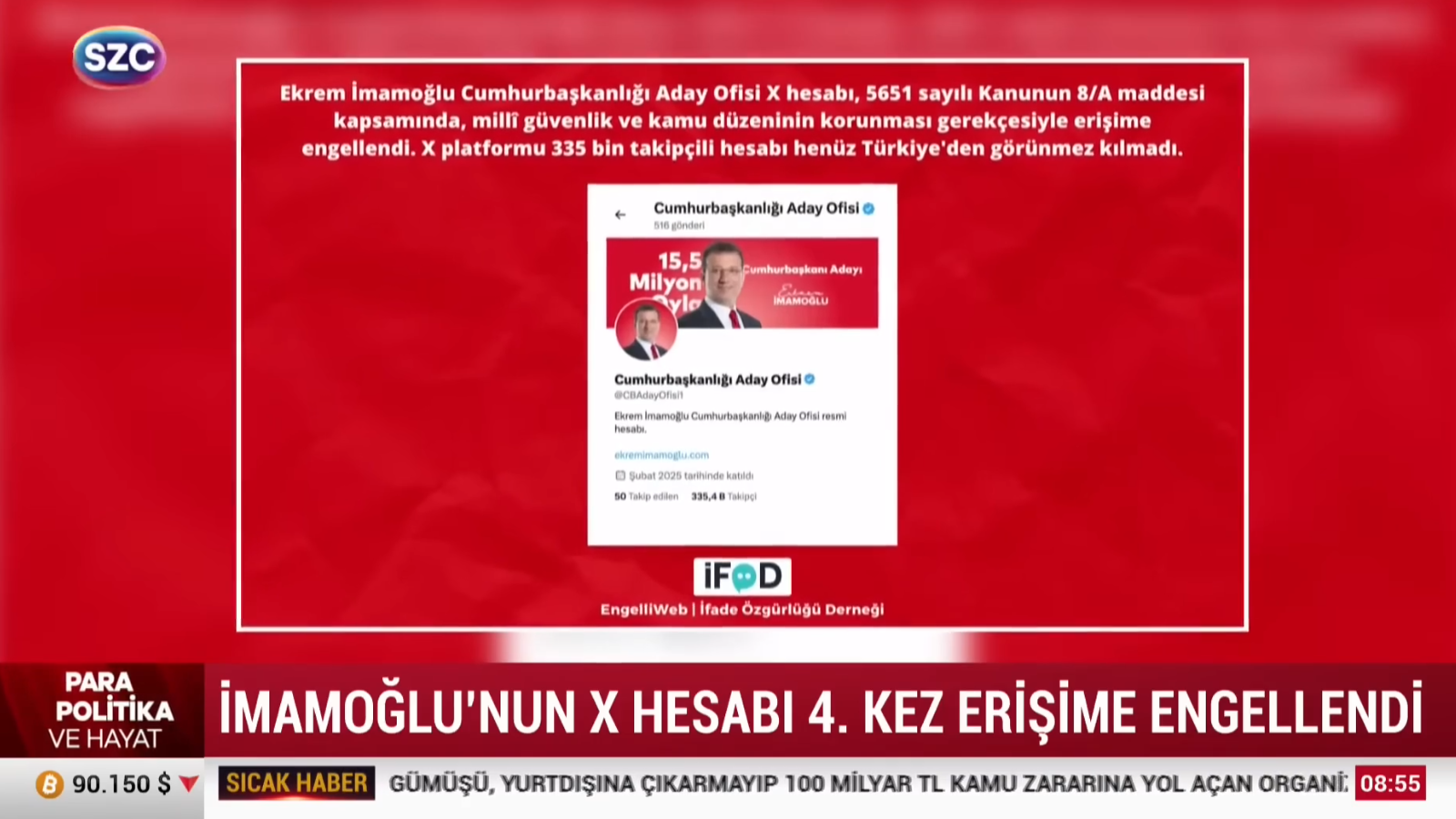 Sözcü TV yayınında İmamoğlu’nun X hesabına yönelik dördüncü erişim engelini aktaran EngelliWeb görseli