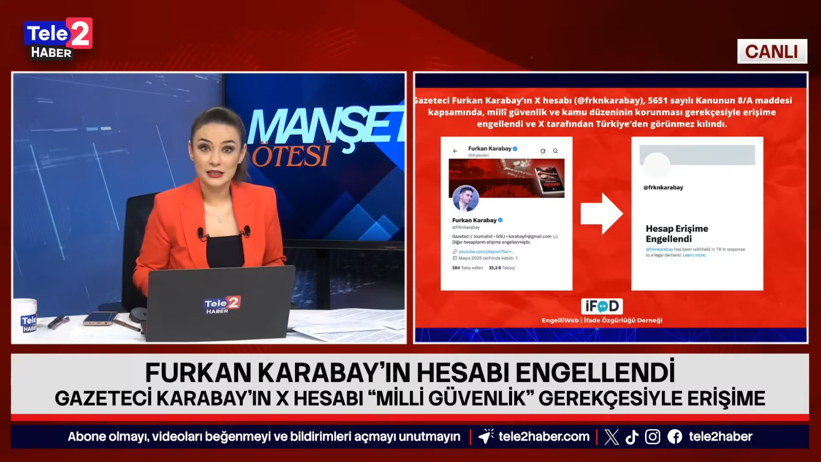 Tele2 yayınında Furkan Karabay’ın X hesabına yönelik üçüncü erişim engelini aktaran EngelliWeb görseli