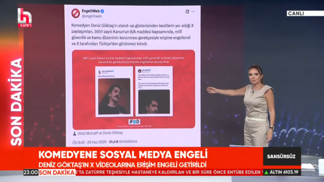 Halk TV yayınında Deniz Göktaş’ın gösterisinden kesitlere yönelik erişim engelini aktaran EngelliWeb görseli