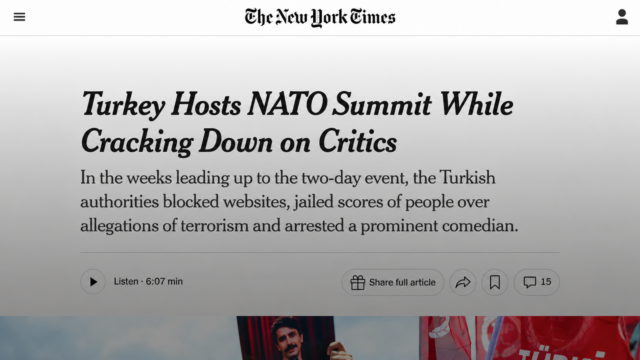 The New York Times’ın Türkiye’deki NATO zirvesi öncesindeki baskıları ele alan haberinin görseli